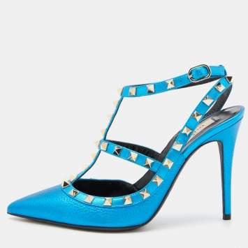 Pre Owned Valentino Metallic Blue Leather Rockstud Pumps Size 38.5