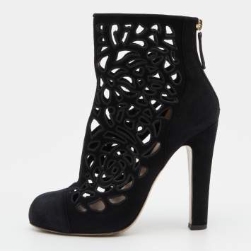Pre Owned Valentino Black Laser Cut Suede Ankle Length Boots Size 38
