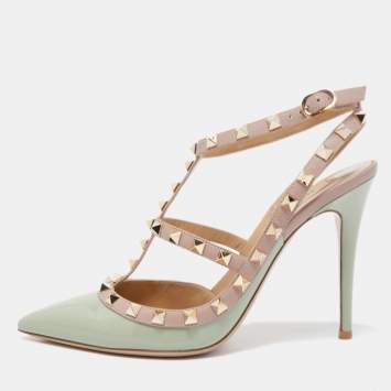 Pre Owned Valentino Green Patent Leather Rockstud Strappy Pumps Size 39