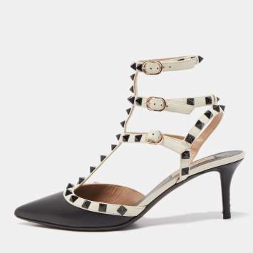 Pre Owned Valentino Black/White Leather Rockstud Pumps Size 38.5