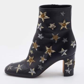Pre Owned Valentino Black Leather Embroidered Sequin/Stars Ankle Length Boots Size 39
