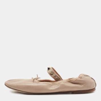 Pre Owned Valentino Dusty Pink Leather Rockstud Mary Jane Bow Ballet Flats Size 36