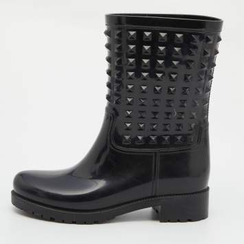 Pre Owned Valentino Black Rubber Rockstud Rain Boots Size 39