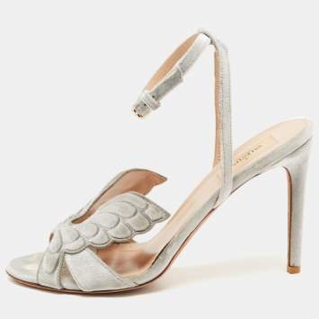 Pre Owned Valentino Grey Velvet Angelicouture Ankle Strap Sandals Size 41
