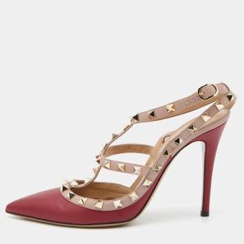 Pre Owned Valentino Red/Pink Leather Rockstud Ankle Strap Pumps Size 39.5