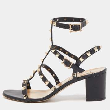 Pre Owned Valentino Black Leather Rockstud Ankle Strap Sandals Size 38.5
