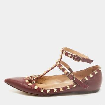 Pre Owned Valentino Burgundy Leather Rockstud Ankle Strap Ballet Flats Size 36.5