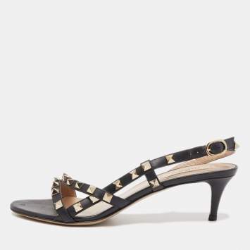 Pre Owned Valentino Black Leather Rockstud Strappy Slingback Sandals Size 38
