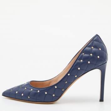 Pre Owned Valentino Navy Blue Leather Rockstud Pumps Size 39.5 