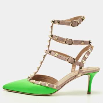 Pre Owned Valentino Neon Green/Dusty Pink Leather Rockstud Ankle Strap Pumps Size 37