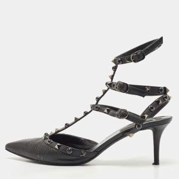 Pre Owned Valentino Black Leather Rolling Rockstud Ankle Strap Pumps Size 40