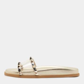 Pre Owned Valentino Gold Leather and PVC Rockstud Flat Slides Size 39