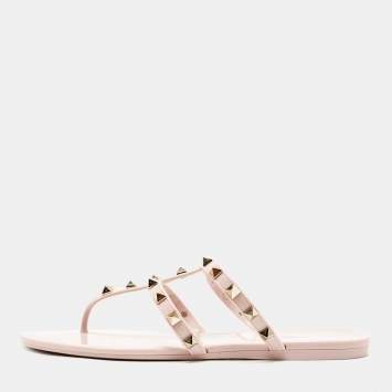 Pre Owned Valentino Pink Rubber Rockstud Thong Flat Slides Size 39