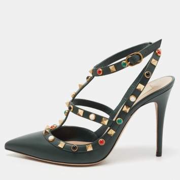 Pre Owned Valentino Dark Green Leather Rockstud Pumps Size 38.5