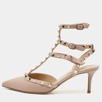 Pre Owned Valentino Beige Leather Rockstud Caged Ankle Strap Pumps Size 39