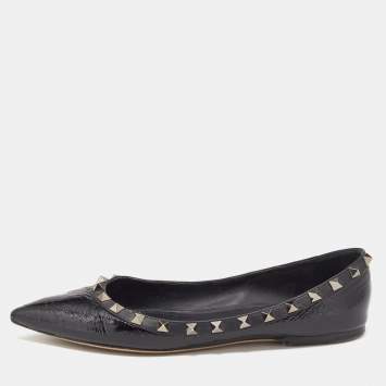 Pre Owned Valentino Black Patent Leather Rockstud Ballet Flats Size 37