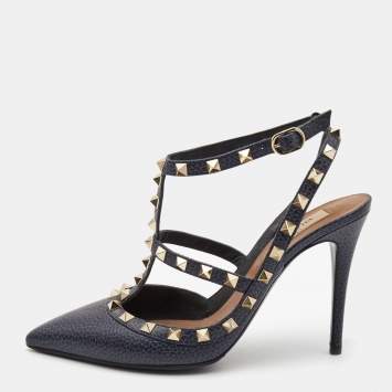 Pre Owned Valentino Navy Blue Leather Rockstud Ankle Strap Pumps Size 38.5