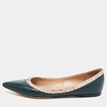 Pre Owned Valentino Dark Green/Dusty Pink Leather Rockstud Ballet Flats Size 39