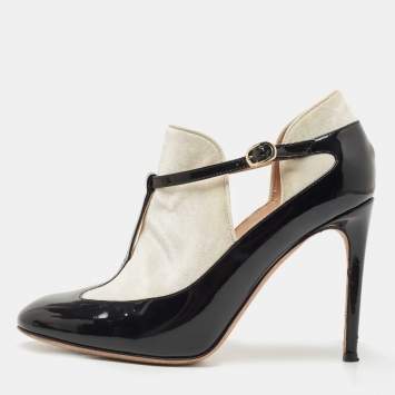 Pre Owned Valentino Black Velvet and Patent Leather T Strap Pumps Size 38
