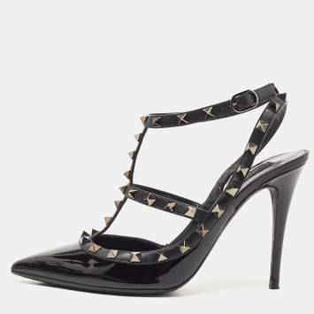 Pre Owned Valentino Black Patent Leather Rockstud Strappy Pointed Toe Pumps Size 40