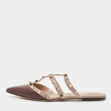 Pre Owned Valentino Burgundy/Beige Leather Rockstud Mules Size 39
