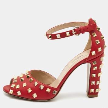 Pre Owned Valentino Red Leather Rockstud Ankle Strap Sandals Size 38
