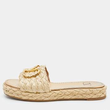 Pre Owned Valentino Beige Raffia Escape V logo Espadrille Flats Size 36