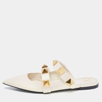 Pre Owned Valentino Cream Leather Roman Stud  Mules  Size 40