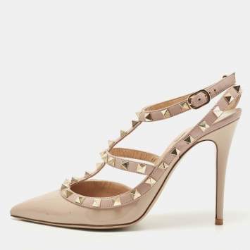 Pre Owned Valentino Beige Leather and Patent Rockstud Ankle Strap Pumps Size 39