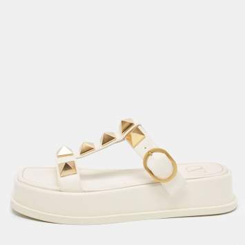Pre Owned Valentino Cream Leather Roman Stud Flat Slides Size 36