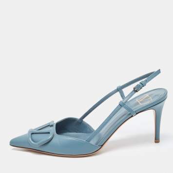 Pre Owned Valentino Navy Blue Leather Escape V logo Slingback Pumps Size 36