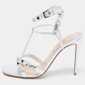 Pre Owned Valentino Silver Leather Rockstud Ankle Strap Sandals Size 36