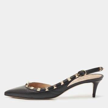 Pre Owned Valentino Black Leather Rockstud Pointed Toe Slingback Pumps Size 38