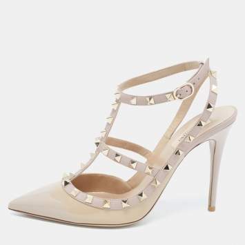 Pre Owned Valentino Beige Patent and Leather Rockstud Ankle Strap Pumps Size 41