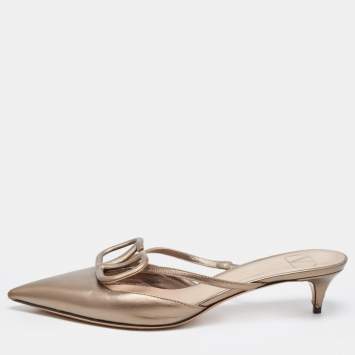 Pre Owned Valentino Metallic Leather V LOGO Mules Size 36.5
