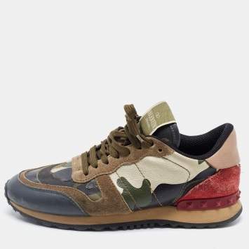 Pre Owned Valentino Multicolor Camo Print Leather and Suede Rockrunner Sneakers Size 37