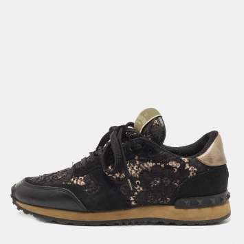 Pre Owned Valentino Black Leather and Suede Rockrunner Sneakers Size 37.5