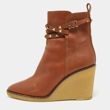 Pre Owned Valentino Brown Leather Rockstud Wedge Ankle Boots Size 41