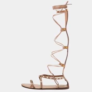 Pre Owned Valentino Beige Leather Rockstud Gladiator Flat Sandals Size 41
