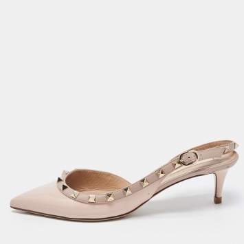 Pre Owned Valentino Beige Patent and Leather Rockstud Slingback Pumps Size 38.5