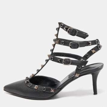 Pre Owned Valentino Black Leather Rockstud Ankle Strap Pumps Size 36