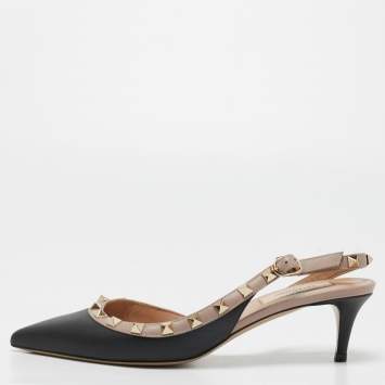 Pre Owned Valentino Black/Beige Leather Rockstud Slingback Pumps Size 37