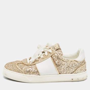 Pre Owned Valentino Gold/White Glitter and Leather Low Top Sneakers Size 38