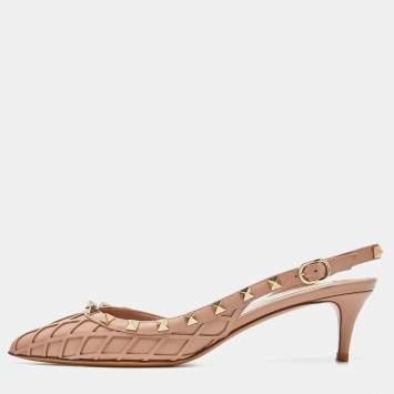 Pre Owned Valentino Beige Leather Rockstud Slingback  Pumps Size 38.5