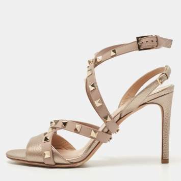 Pre Owned Valentino Metallic Bronze/Beige Leather Rockstud Ankle Strap Sandals Size 37