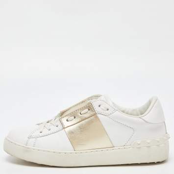 Pre Owned Valentino White/Gold Leather Rockstud Low Top Open Sneakers Size 39.5