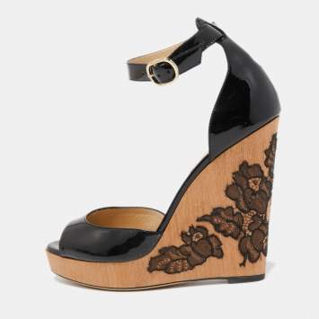 Pre Owned Valentino Black Patent Leather Wedge Platform Ankle Strap Sandals Size 38