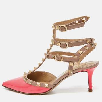 Pre Owned Valentino Pink/Beige Leather and Patent Rockstud Pumps Size 37.5
