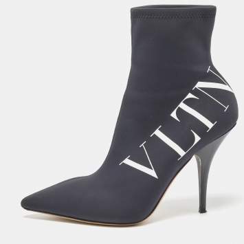 Pre Owned Valentino Black Black Nylon VLTN Pointed Toe Ankle Booties Size 40