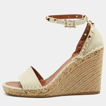 Pre Owned Valentino Off-White Leather Rockstud Espadrille Wedge Sandals Size 38